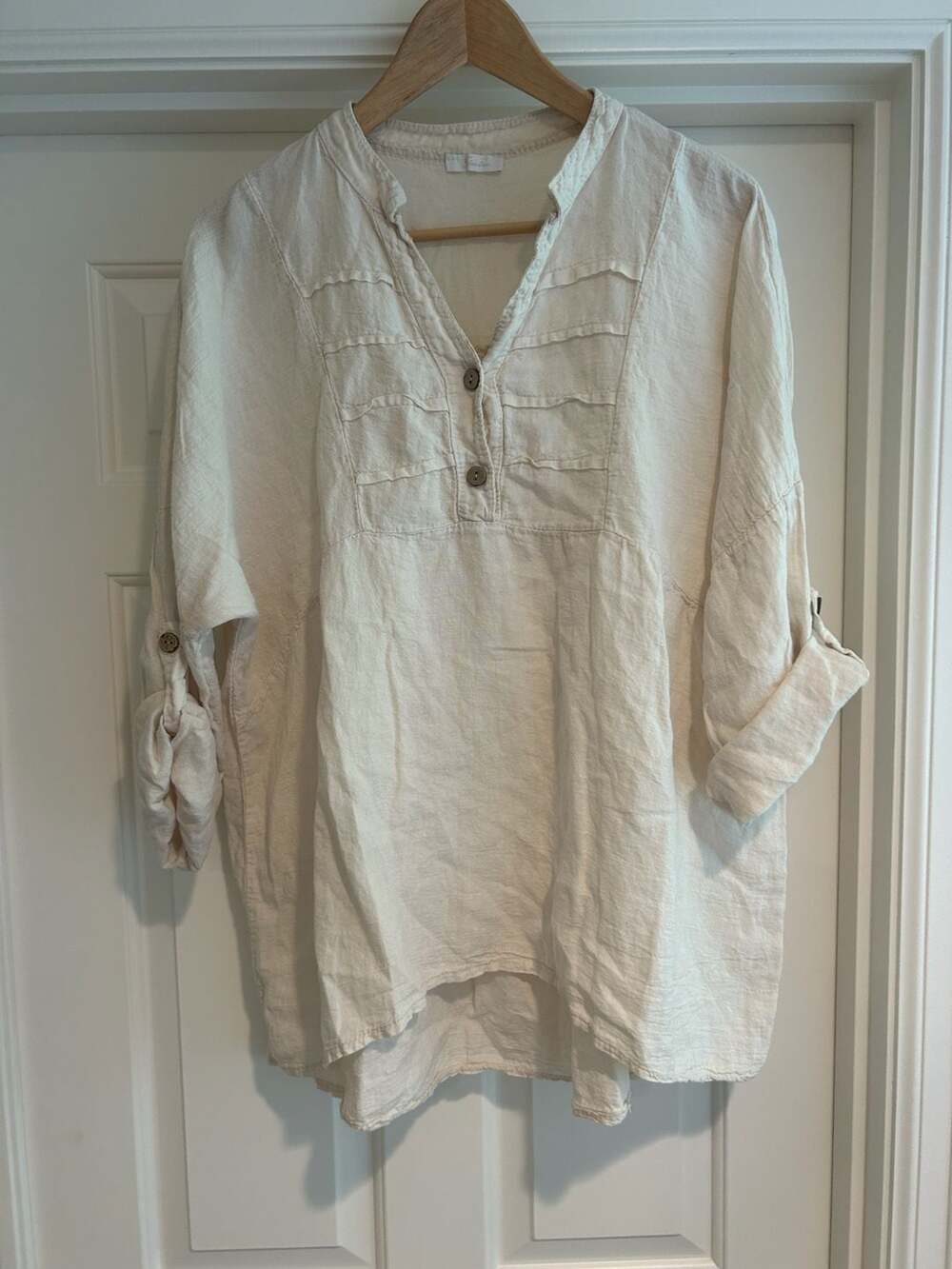 Love Linen Cream Button-Front Tunic Shirt with Roll-Tab Sleeves